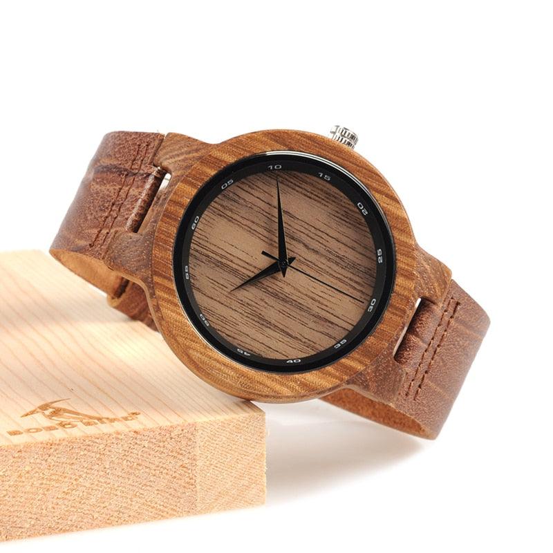 Relógio de madeira masculino grão couro - Wood Love 